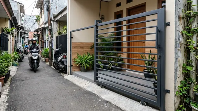 Inspirasi Pagar Minimalis untuk Teras Kecil di Gang Sempit. AI Generated