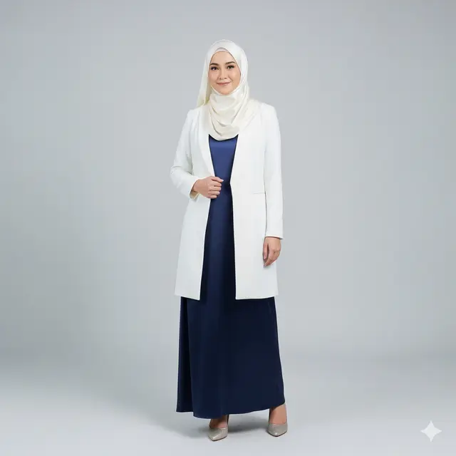 Inspirasi Long Dress Muslim Polos Kombinasi Blazer Formal.
