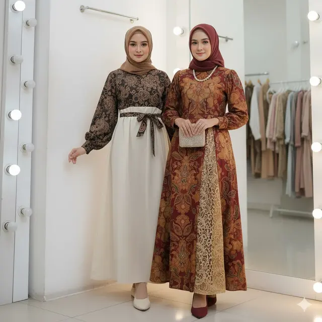 Gamis Batik Syar’i Lengan Bishop Paduan Warna Earthy Tone Tren 2025
