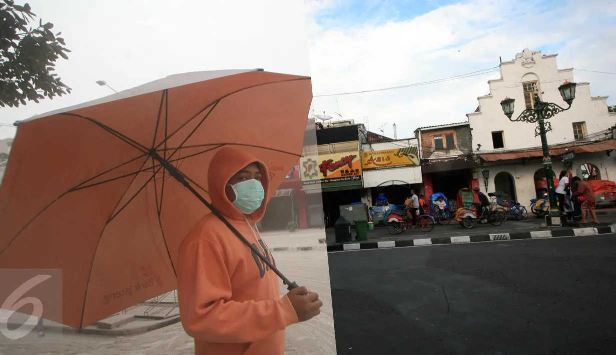Suasana Jalan Malioboro Yogyakarta, Minggu (14/2/2016) (kiri) dan Jalan Malioboro saat diselimuti abu vulkanik letusan Gunung Kelud pada (14/2/2014) lalu (kanan). (Foto: Boy Harjanto)