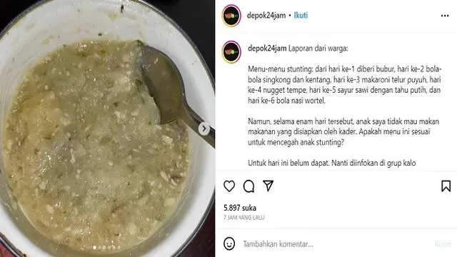 Menu makanan untuk pencegahan stunting di Kota Depok viral dan menjadi sorotan warganet di media sosial. (Instagram @depok24jam)