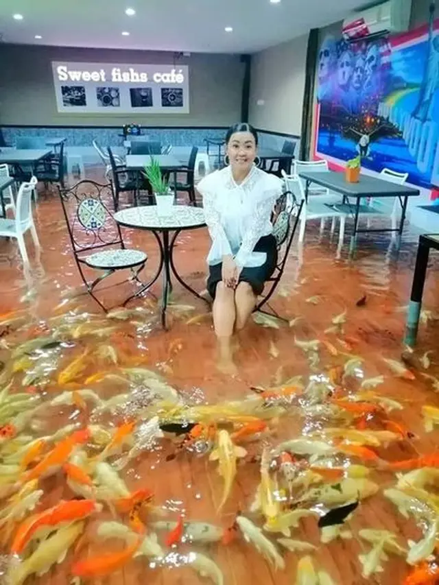 Unik Banget, Kafe Ini Tawarkan Sensasi Ngopi Bersama Puluhan Ikan Koi