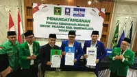 Partai Demokrat, PPP dan PAN Kabupaten Tasikmalaya, Jawa Barat, resmi berkoalisi memenangkan Bacalon Cecep Nurul Yakin, dalam konstelasi Pemilihan Kepala Daerah (Pilkada) Tasikmalaya 2024. (Liputan6.com/Jayadi Supriadin)