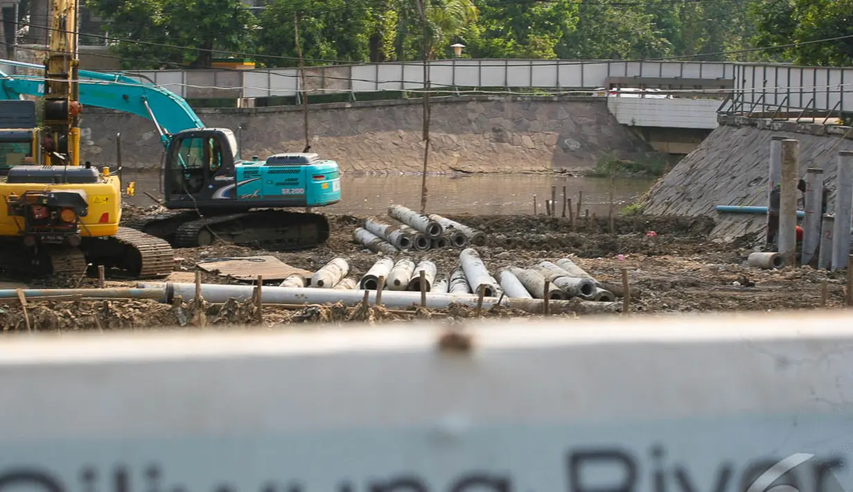 Beberapa alat berat dikerahkan untuk memudahkan pengerjaan restorasi Kali Ciliwung, Jakarta, Jumat (3/10/2014) (Liputan6.com/Faizal Fanani)