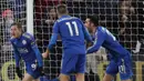 Striker Leicester City, Jamie Vardy, melakukan selebrasi usai mencetak gol ke gawang Chelsea pada laga perempat final Piala FA di Stadion King Power, Minggu (18/3/2018). Leicester City takluk 1-2 dari Chelsea. (AP/Frank Augstein)