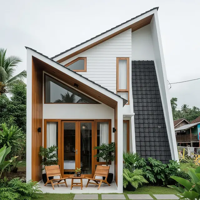 Desain Rumah Sempit Atap Miring ke Belakang
