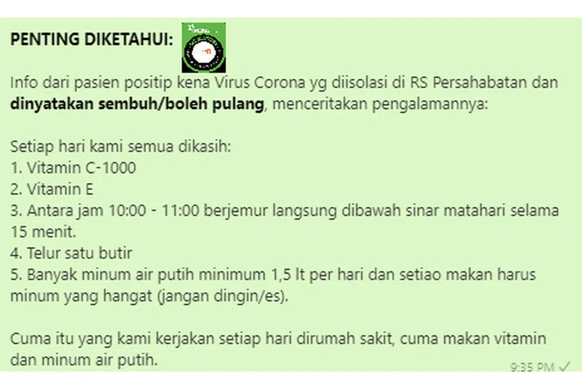 Tangkap layar Pasien COVID-19 RS Persahabatan Sembuh Karena Berjemur