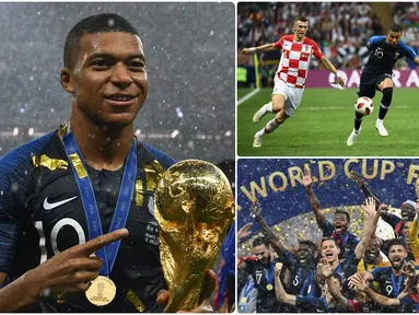 Performa apik Kylian Mbappe saat membawa Prancis juara di Piala Dunia 2018 usai mengalahkan Krosia 4-2 di partai Final. Saat itu, Mbbape menjadi pemain muda yang belum genap berusia 20 tahun. Berikut momen Mbbape saat bawa Prancis juara Piala Dunia 2018. (kolase foto AFP)