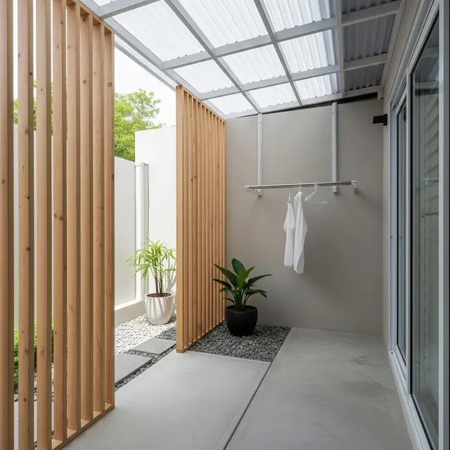 Model Area Jemuran Semi Outdoor Minimalis dengan Sekat Estetik (Gemini AI)