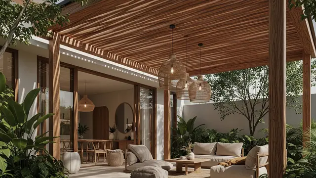 Kanopi Kayu Natural dengan Lampu Rotan