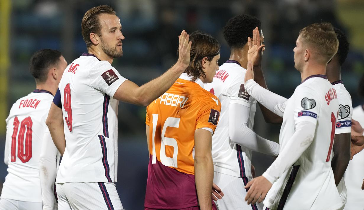 Berkat kemenangan ini Timnas Inggris pun mengakhiri Kualifikasi Piala Dunia 2022 dengan status juara Grup I dengan mengoleksi 26 poin. (AP/Antonio Calanni)