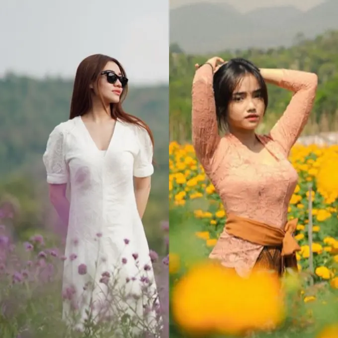 Aaliyah Massaid dan Fuji an Saat Foto di Tengah Hamparan Bunga