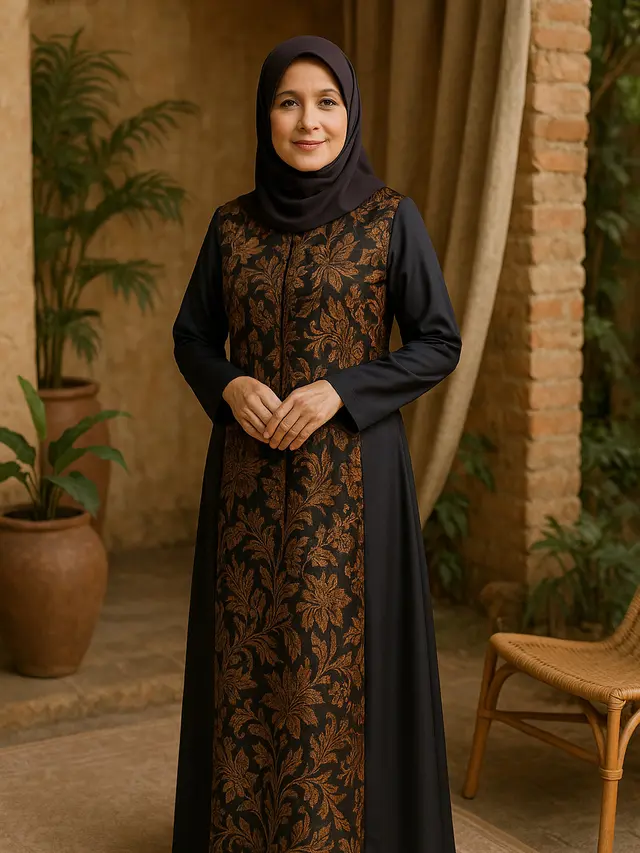 Model Gamis Batik Ibu-Ibu Umur 50 Tahun Kombinasi Kain Polos