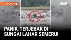 Hujan lebat yang mengguyur kawasan Gunung Semeru memicu aliran banjir lahar ke sejumlah sungai di Kabupaten Lumajang, Jawa Timur, Minggu sore (21/12). Salah satu warga dilaporkan sempat terjebak di tengah derasnya aliran lahar di Sungai Regoyo.