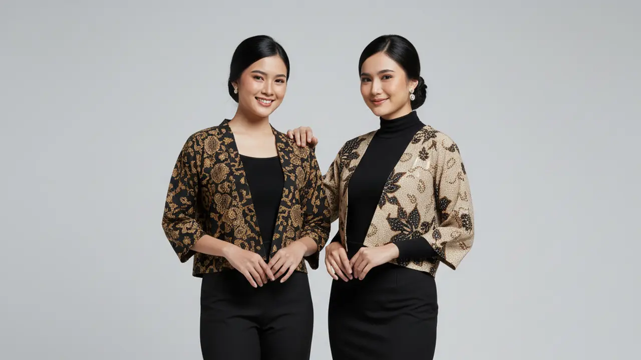 Inspirasi Setelan Batik Kerja Wanita dengan Outer Polos Model Crop Terbaru 2025. Gemini