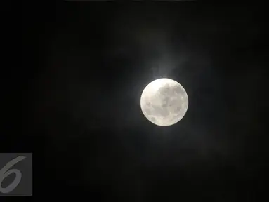 Fenomena alam Supermoon tampak di langit Kabupaten Bogor, Jawa Barat, Senin (14/11). Fenomena ini terjadi saat bulan mencapai titik terdekat dengan bumi dalam kondisi purnama atau penuh. (Liputan6.com/Helmi Fithriansyah)