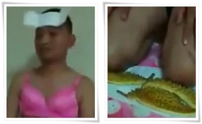Pria ini dihukum agar memakai bra warna pink, berlutut di atas kulit buah durian dan memakai kompres pembalut | Photo: Copyright asiantown.net