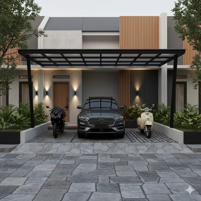 8 Inspirasi Carport Minimalis untuk 1 Mobil 2 Motor di Lahan Sempit, Fungsional dan Rapi di Rumah Modern 2025