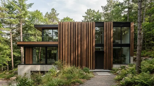 Model Fasad Rumah dengan Aksen Kayu Vertikal