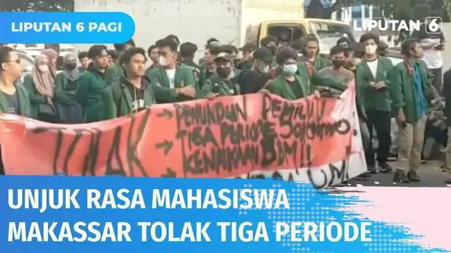Aksi unjuk rasa mahasiswa di Makassar berujung ricuh. Para mahasiswa menolak adanya perpanjangan masa jabatan Presiden dan kenaikan harga BBM. Aksi dilakukan dengan membakar ban hingga menutup akses jalan.