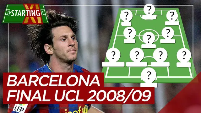Berita motion grafis Starting XI Barcelona saat juara Liga Champions 2008/2009 di bawah naungan Joan Laporta, Lionel Messi paling mahal.
