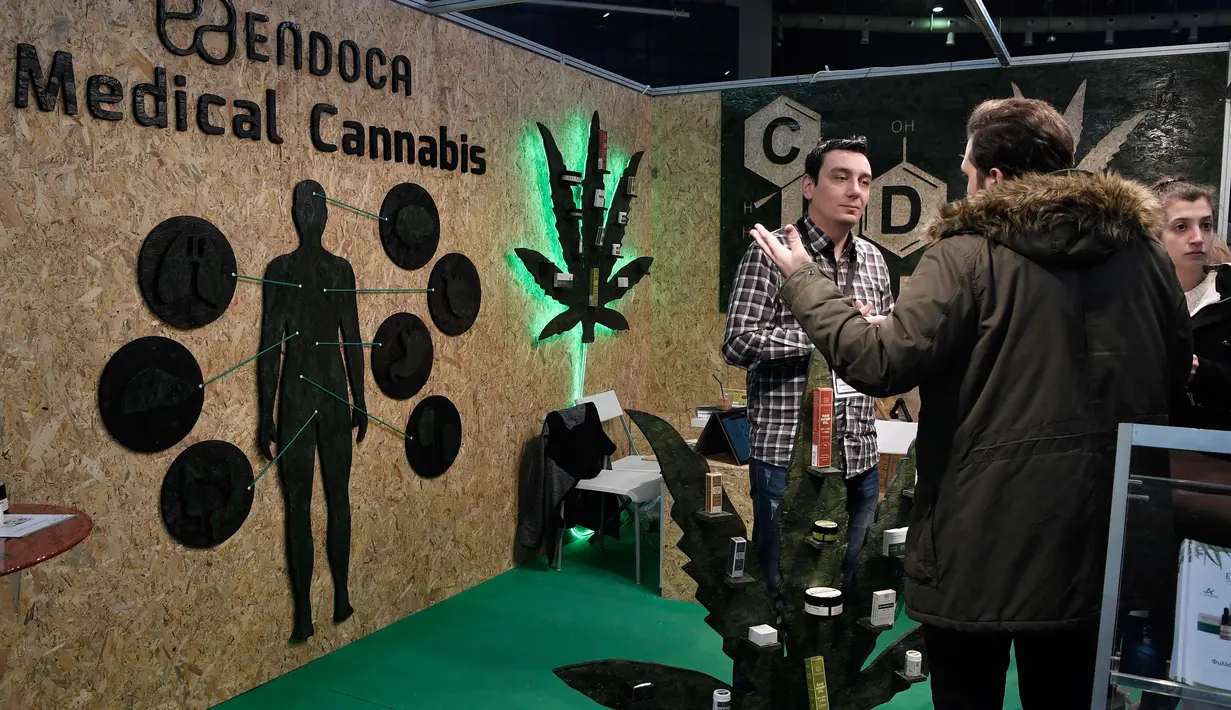 Pengunjung mendapat informasi tentang ganja di International Cannabis Expo yang berlangsung di Athena, Yunani, Minggu (14/1). Legalisasi ganja medis diharapkan menarik investasi sebesar 1,5 miliar euro sampai 2 miliar euro. (AFP PHOTO/LOUISA GOULIAMAKI)