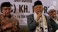 Cawapres no urut 02 Ma'ruf Amin memberi sambutan saat melakukan pertemuan silaturahim di Gedung PBNU, Jakarta, Senin (22/4). Pertemuan tersebut membahas penyampaian gagasan kebangsaan pengurus besar Nahdlatul Ulama. (Liputan6.com/Johan Tallo)