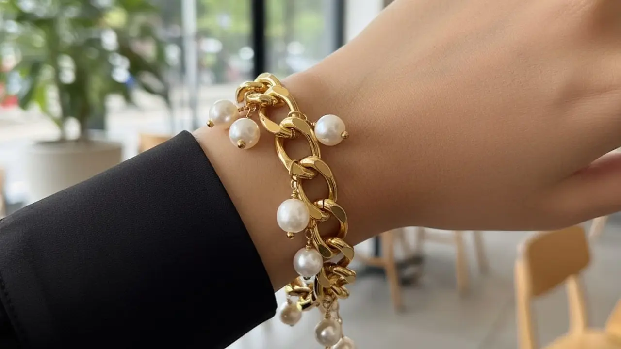 Gelang Rantai Chunky dengan Mutiara Gantung