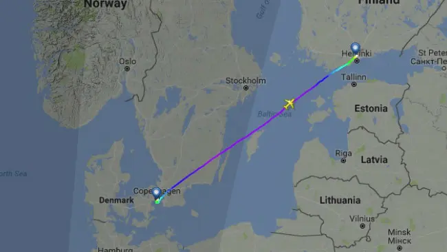 Peta perjalanan penerbangan Finnair AY666 pada Jumat 13 Oktober 2017. (Sumber flightradar24.com)