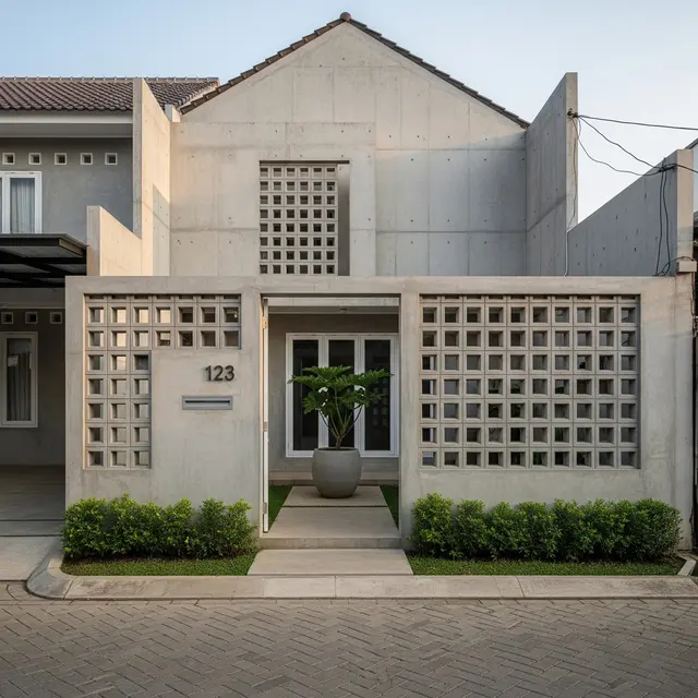 Model Depan Rumah Coran dengan Dinding Setengah Terbuka