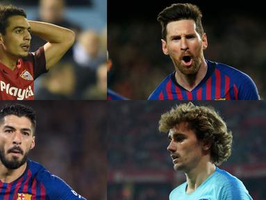 Lionel Messi kian perkasa di singgasana top scorer La Liga dengan raihan 31 gol, terpaut 11 gol dari Luis Suarez yang berada di bawahnya. (Kolase Foto AFP)