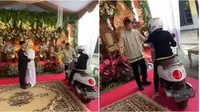 Viral aksi wanita pengendara motor yang nekat terobos acara pernikahan hingga bikin pengantin tertegun. (Sumber: Twitter/sosmedkeras)