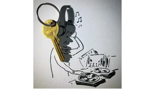Bayang kunci menghasilkan ilustrasi seorang dj yang sedang memegang headphone.