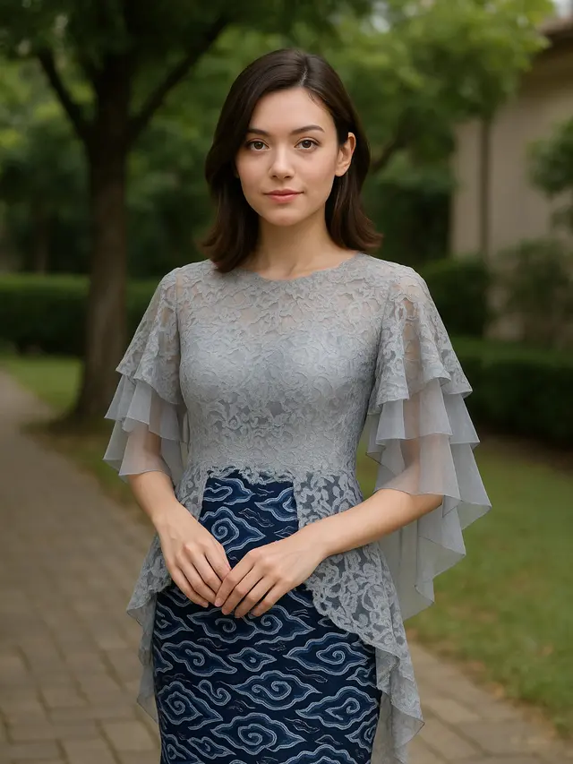 10 Model Long Dress Batik Kombinasi Brokat Lengan Cape Layer Tiga Lapis, Simpel dan Elegan untuk Acara Resmi