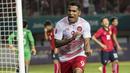 Striker Indonesia, Alberto Goncalves, melakukan selebrasi usai mencetak gol ke gawang Laos pada laga Asian Games di Stadion Patriot, Jawa Barat, Jumat (17/8/2018). Indonesia menang 3-0 atas Laos. (Bola.com/Vitalis Yogi Trisna)