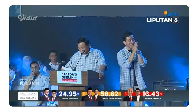 Capres dan Cawapres nomor urut 02 Prabowo Subianto-Gibran Rakabuming Raka saat pidato dan deklarasi kemenangan hasil sementara quick count Pemilu 2024 di Istora Senayan, Rabu (14/2/2024).