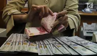 Teller tengah menghitung mata uang rupiah di penukaran uang di Jakarta, Junat (23/11). Nilai tukar dolar AS terpantau terus melemah terhadap rupiah hingga ke level Rp 14.504. (Liputan6.com/Angga Yuniar)