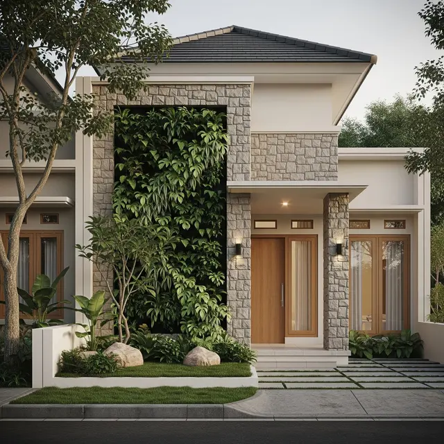 Model Rumah Minimalis Batu Alam Tampak Depan (Image by Gemini AI)