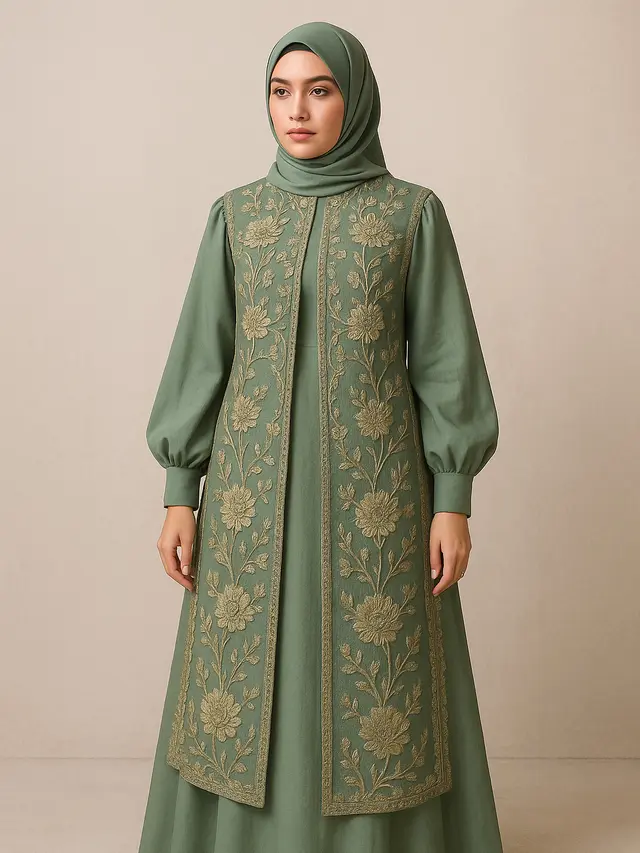 Model Gamis Kombinasi Rompi Panjang Lengan Balon