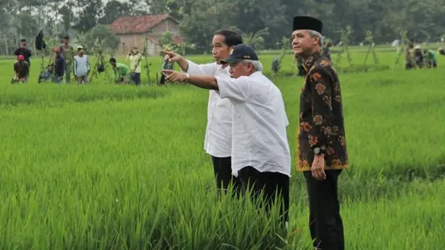Presiden RI Joko Widodo, Menteri PUPR Basuki Hadimuljono dan Gubernur Jawa Tengah Ganjar Pranowo meninjau pembangunan irigasi di Desa Dukuhlo, Kecamatan Lebaksiu, Kabupaten Tegal, Jawa Tengah. (Dok Kementerian PUPR)