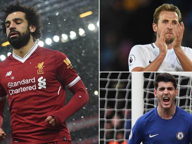 Berikut ini top scorer sementara Premier League musim 2017/2018 hingga pekan ke-16. Perolehan gol Mohamed Salah dan Harry Kane kian menjauh dari para pesaing lainnya. (Kolase foto-foto dari AFP)
