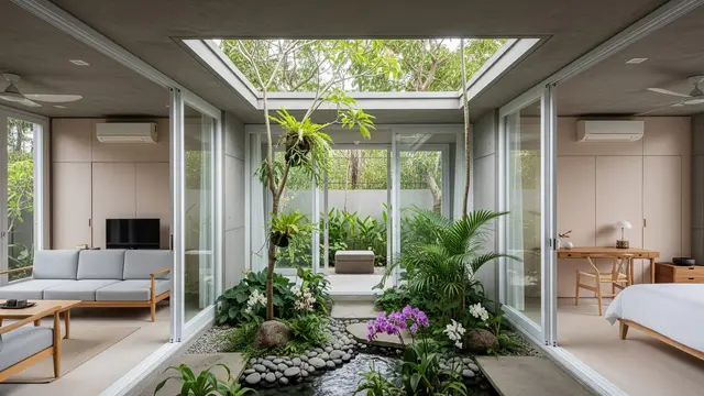 Model Rumah Modern Kaca dengan Taman Indoor Atrium/ Ilustrasi AI