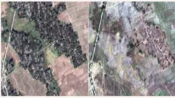 Citra satelit DigitalGlobe pada 20 Desember 2017 (kiri) dan 13 Februari 2018 (kanan) di Desa Myin Hlut, 25 km tenggara Maungdaw, Rakhine, Myanmar. Pemerintah Myanmar mengklaim mereka berusaha membangun kembali wilayah yang hancur. (DigitalGlobe via AP)