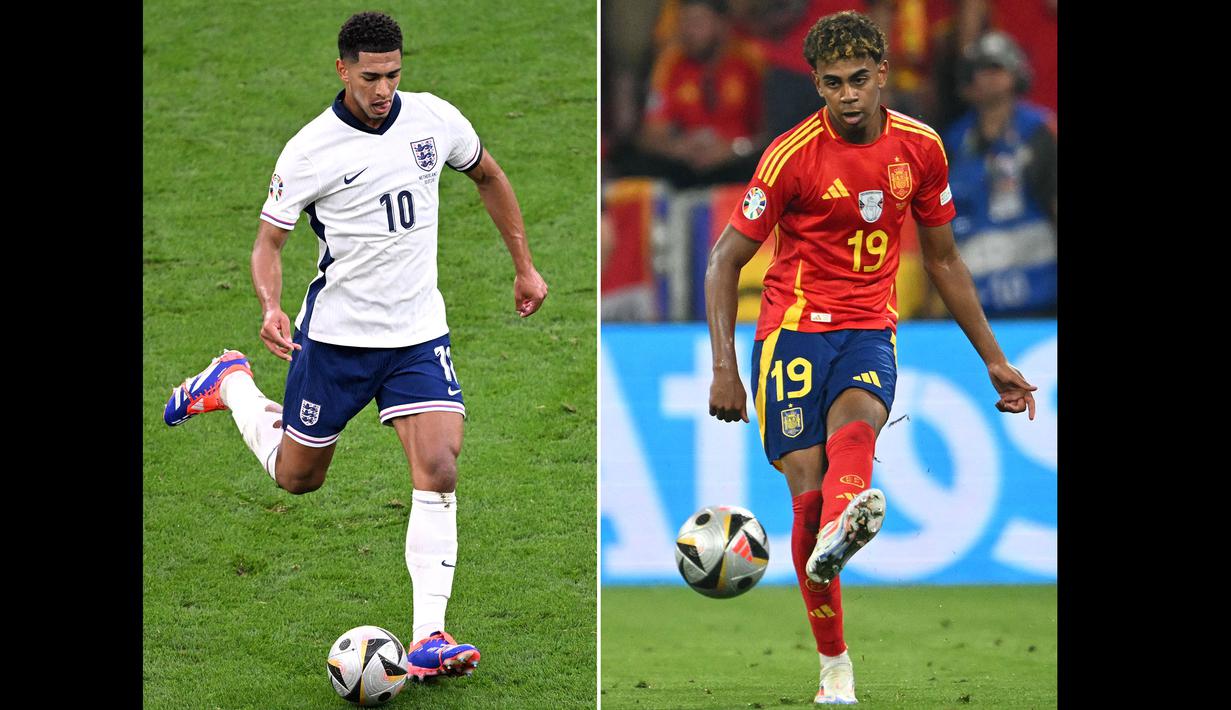 Wonderkid Spanyol, Lamine Yamal tampil memukau dalam perhelatan Piala Eropa 2024 ini. Pemain 17 tahun itu dipercaya tampil di semua laga dengan mencatatkan satu gol dan tiga assist untuk La Furia Roja. Sementara itu, ada Jude Bellingham yang menjadi pemain muda andalan Timnas Inggris. Pemain 21 tahun tersebut telah tampil sebanyak 6 laga dengan mencetak 1 gol di Euro 2024 ini. (AFP/Fabrice Coffrini, Kirill Kudryavtsev)