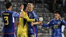 Pemain Timnas Jepang U-20 merayakan kemenangan atas Senegal pada laga pertama Grup C Piala Dunia U-20 2023 di Estadio Unico Diego Armando Maradona stadium in La Plata, Argentina, on May 21, 2023. (AFP/Luis Robayo)