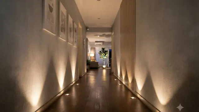 Desain Lorong Rumah dengan Lampu Tanam di Lantai