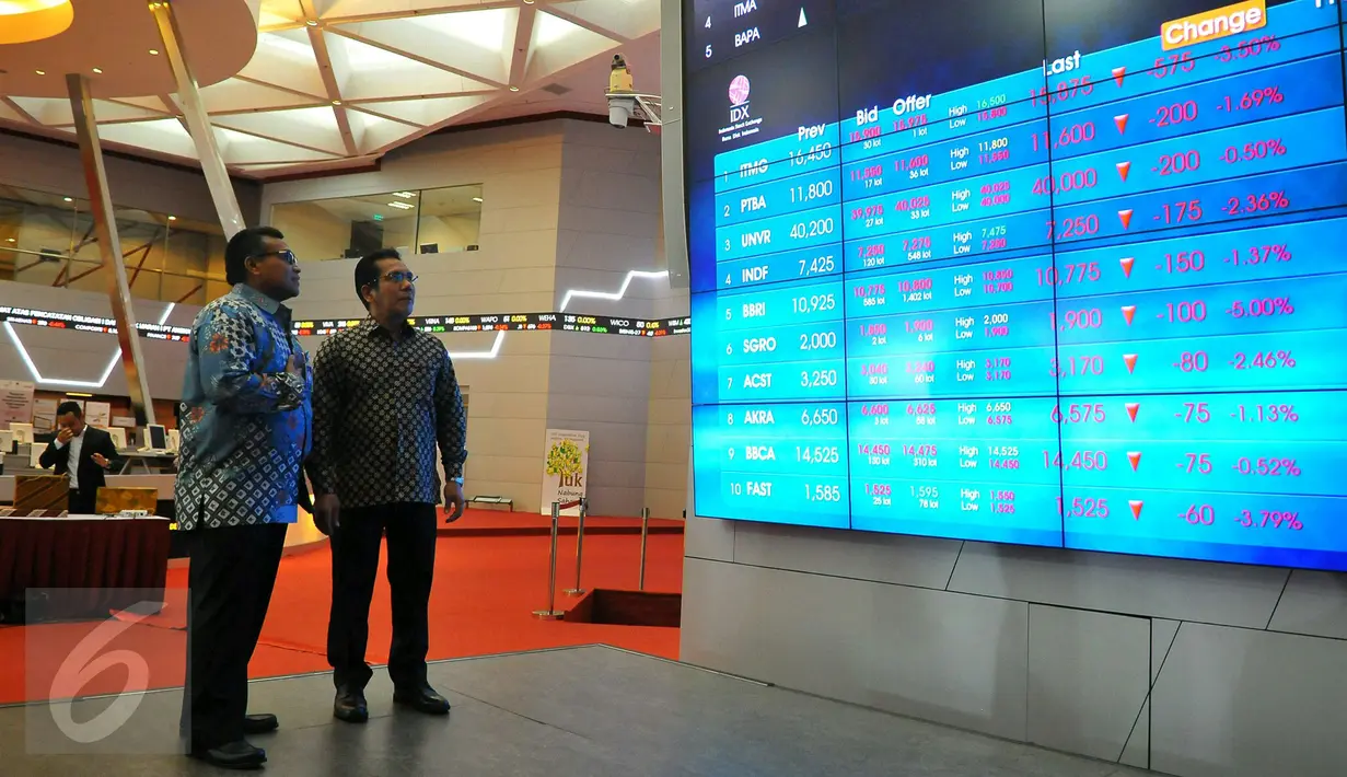 Samsul Hidayat dan Novrihandri melihat pergerakan saham saat pencatatan obligasi dan sukuk, Jakarta, Senin (28/11). Novrihandri menjelaskan, pendanaan eksternal diperlukan AP 1 untuk pembangunan dan pengembangan lima bandara. (Liputan6.com/Angga Yuniar)
