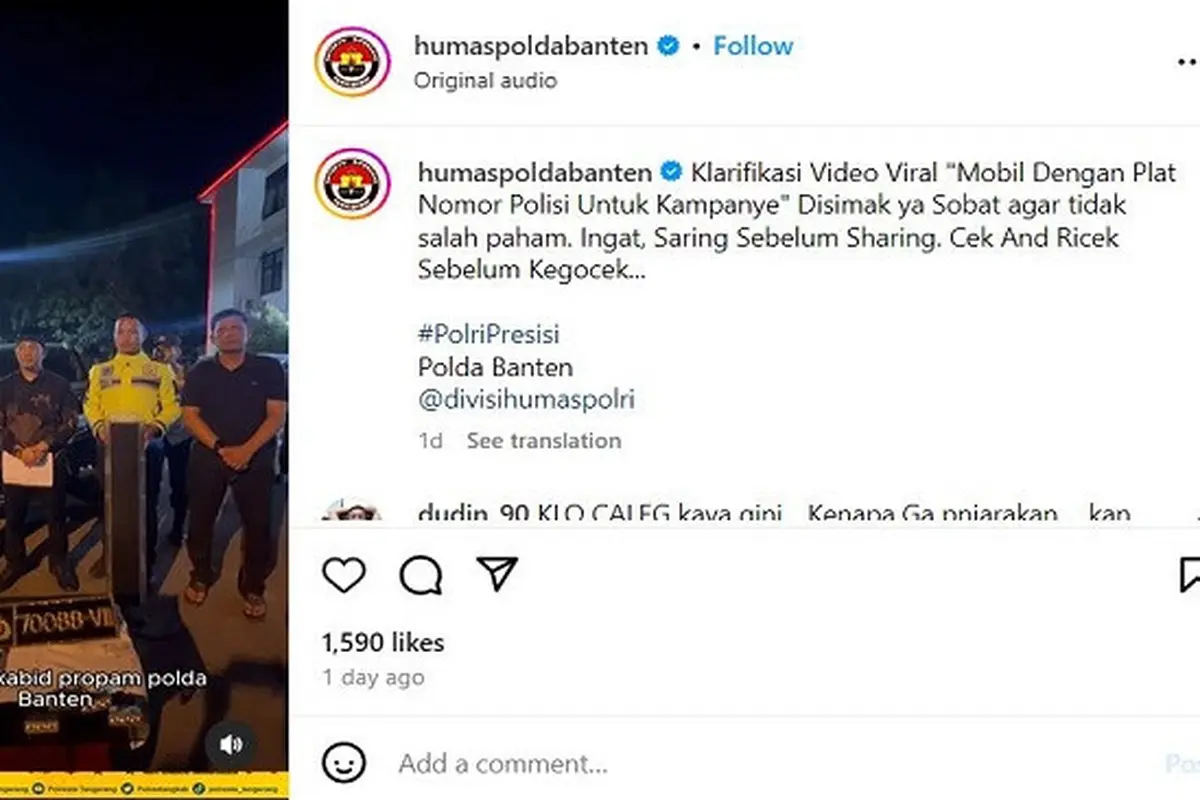 Viral mobil berpelat dinas polri diduga digunakan untuk kampanye di Tangerang. (Instagram @humaspoldabanten)
