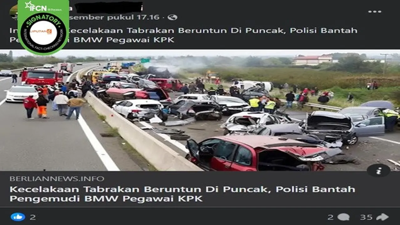 Gambar tangkapan layar foto yang diklaim merupakan insiden kecelakaan beruntun di Puncak, Bogor, Jawa Barat. (sumber: Facebook)