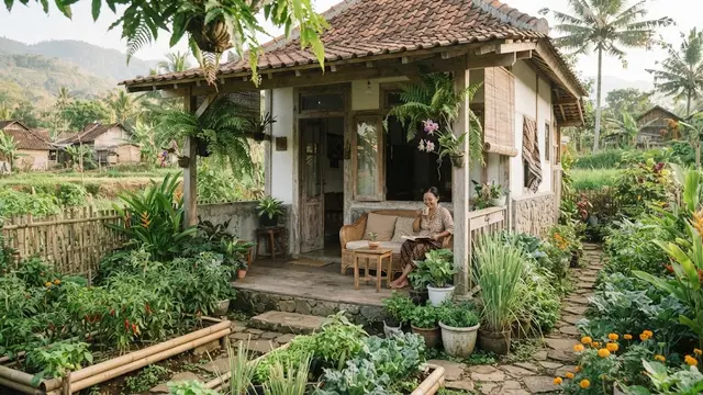 Inspirasi rumah mungil dengan teras teduh di desa dan cocok untuk slow living model teras menghadap kebun
